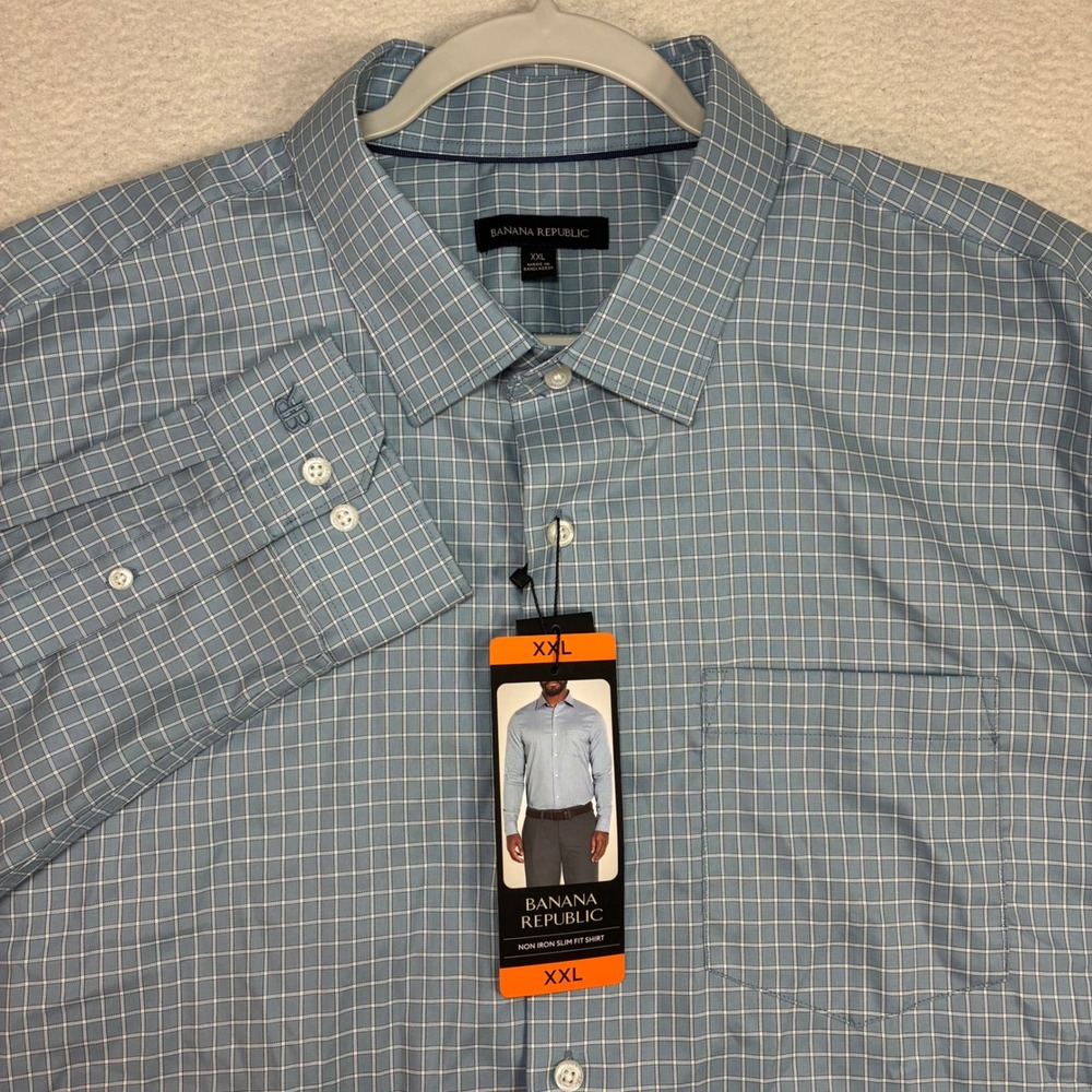 Banana Republic Button Up Shirt Men 2XL Blue Check Non Iron Slim Office NWT